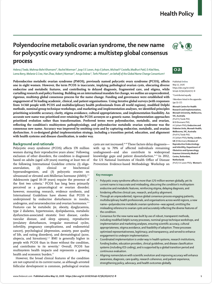 Front page of Lancet article for new PMOS paper