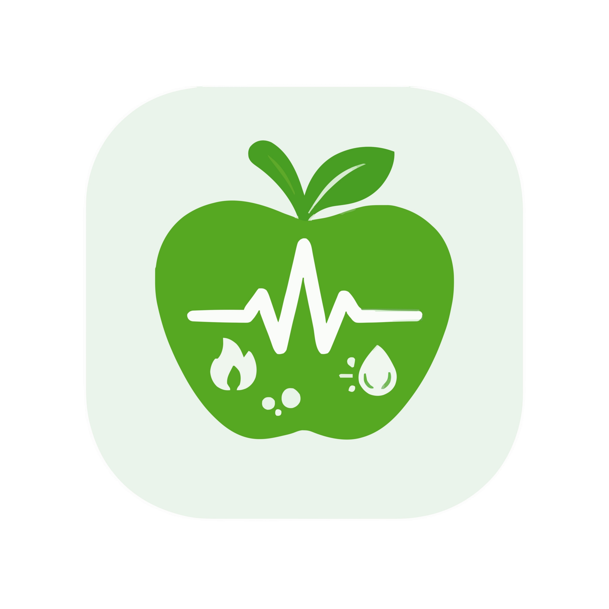 stylised apple with a heart beat and flame representing metabolism and a blood drop in green on a white background