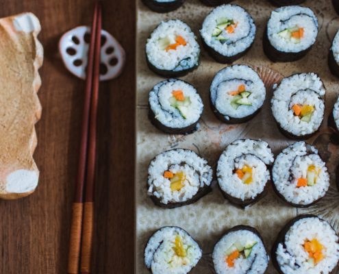 Platter of sushi with chopsticks to the left hand side