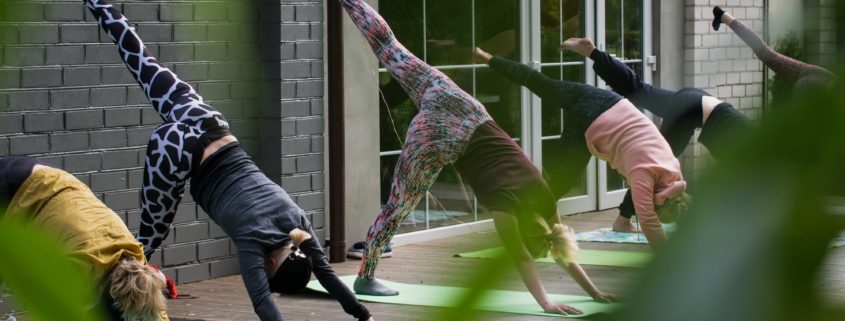 Six people in a line on yoga mats, lifting their left leg out of the downward dog pose